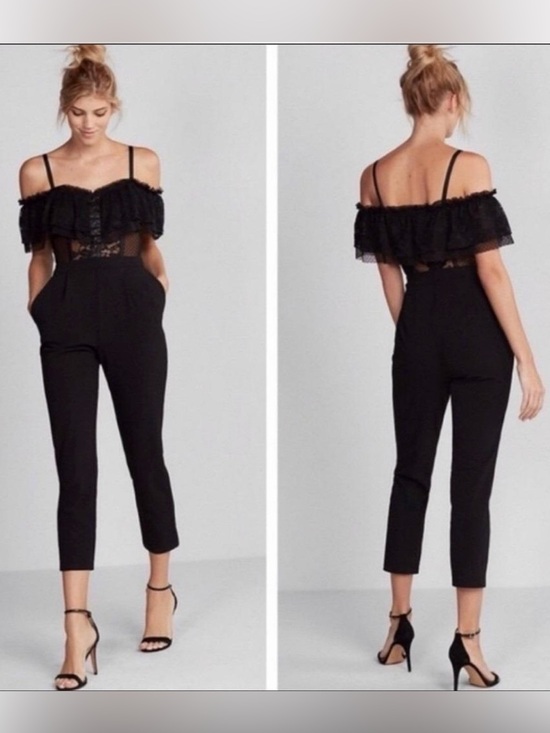 Express Pants - Express Off-Shoulder Black Lace Bodice Jumpsuit 8 Corset Goth Glam Romantic EUC